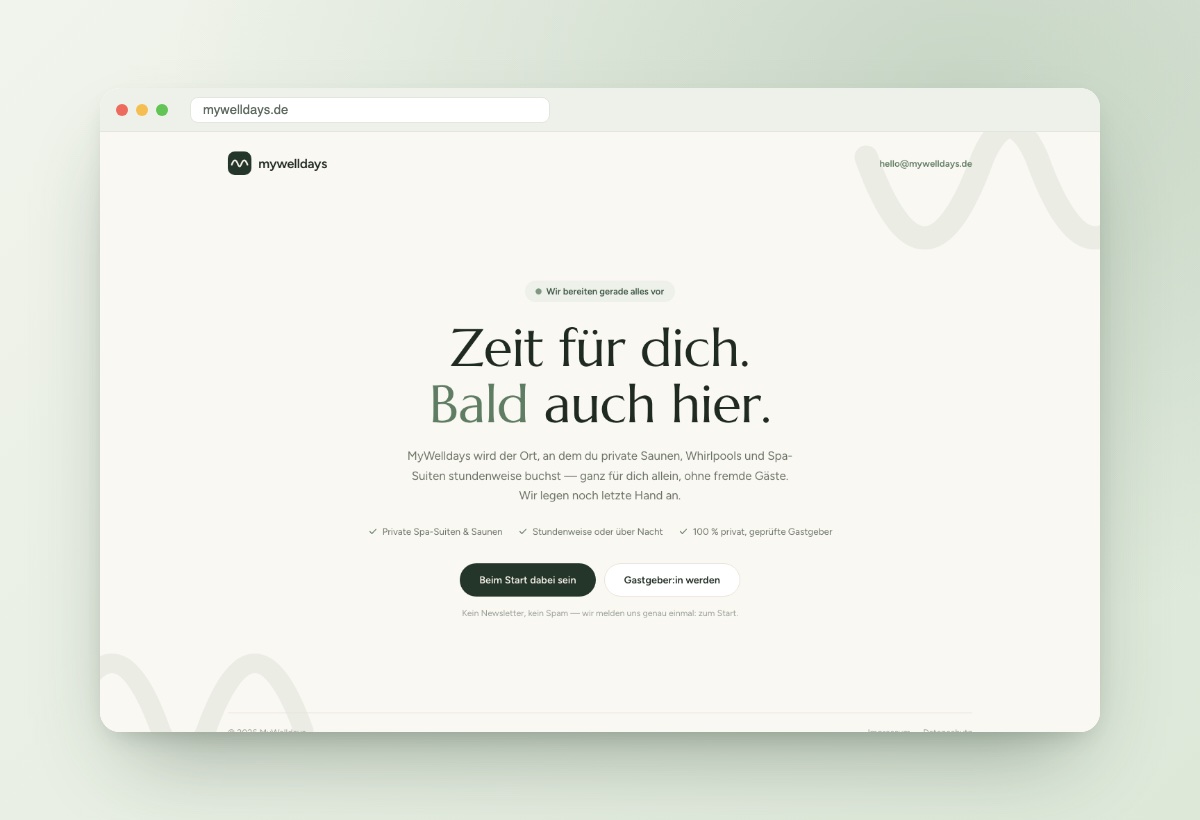 Screenshot der mywelldays.de-Landingpage: „Zeit für dich. Bald auch hier.“